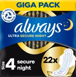 Always Ultra Secure Night (Size 4) Pads with wings 22 count