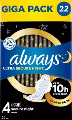 Always Ultra Secure Night (Size 4) Pads with wings 22 count