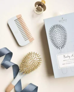 BACHCA Baby Kit Brush 100% boar small size + wooden comb Blue
