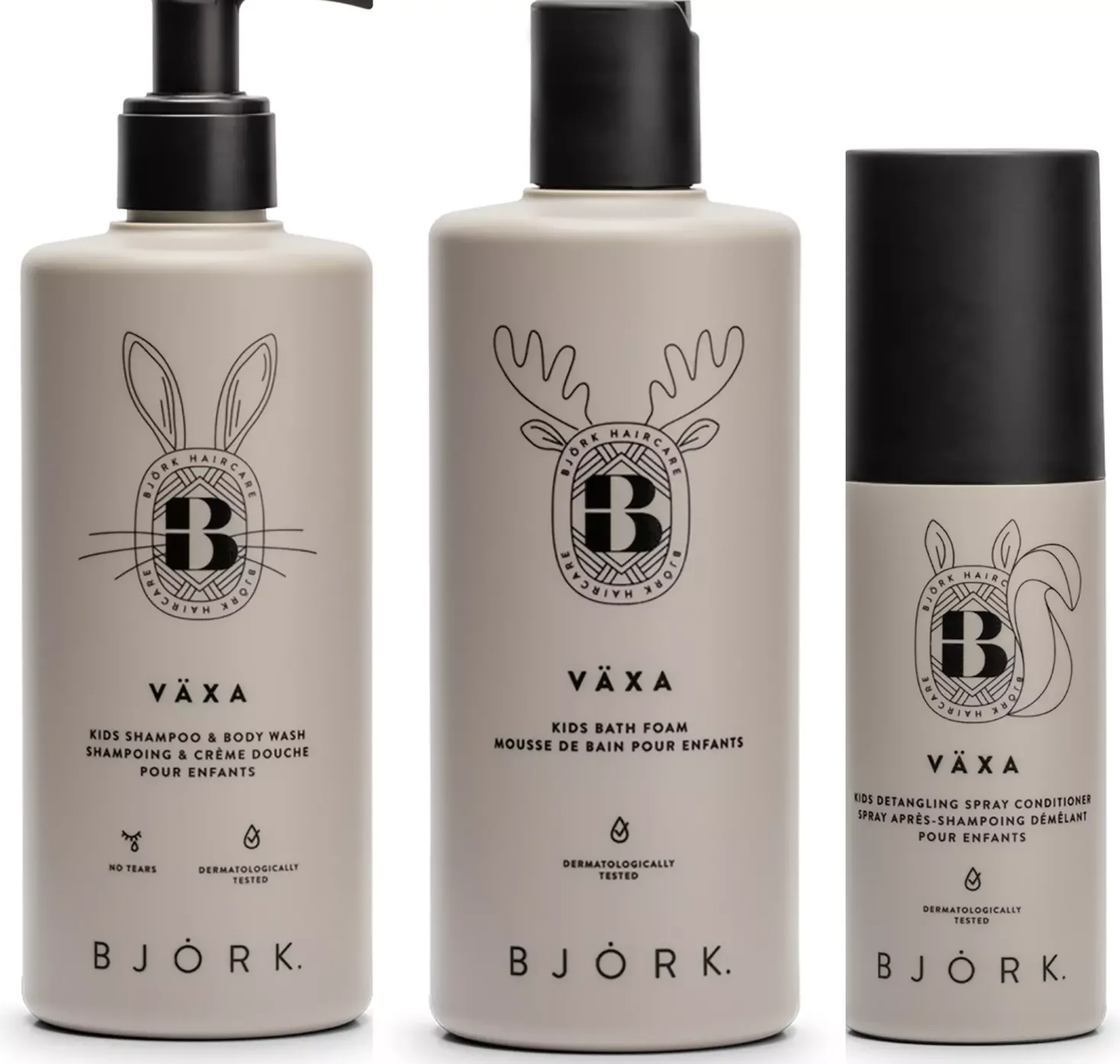 BjörkVÄXA Kids Bundle Shampoo & Body Wash 300 ml & Bath Foam 300 ml & Spray Conditioner 150 ml