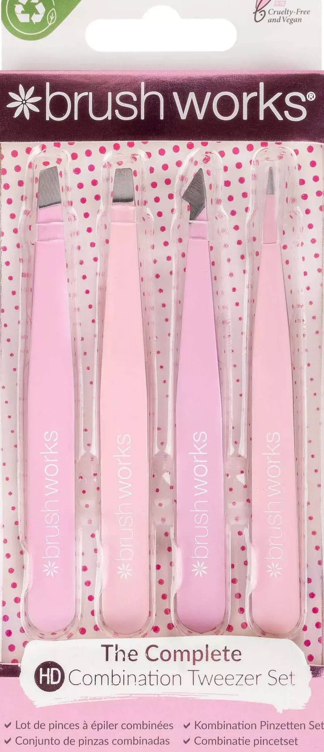 Brushworks HD 4 Piece Combination Tweezer Set - Pink