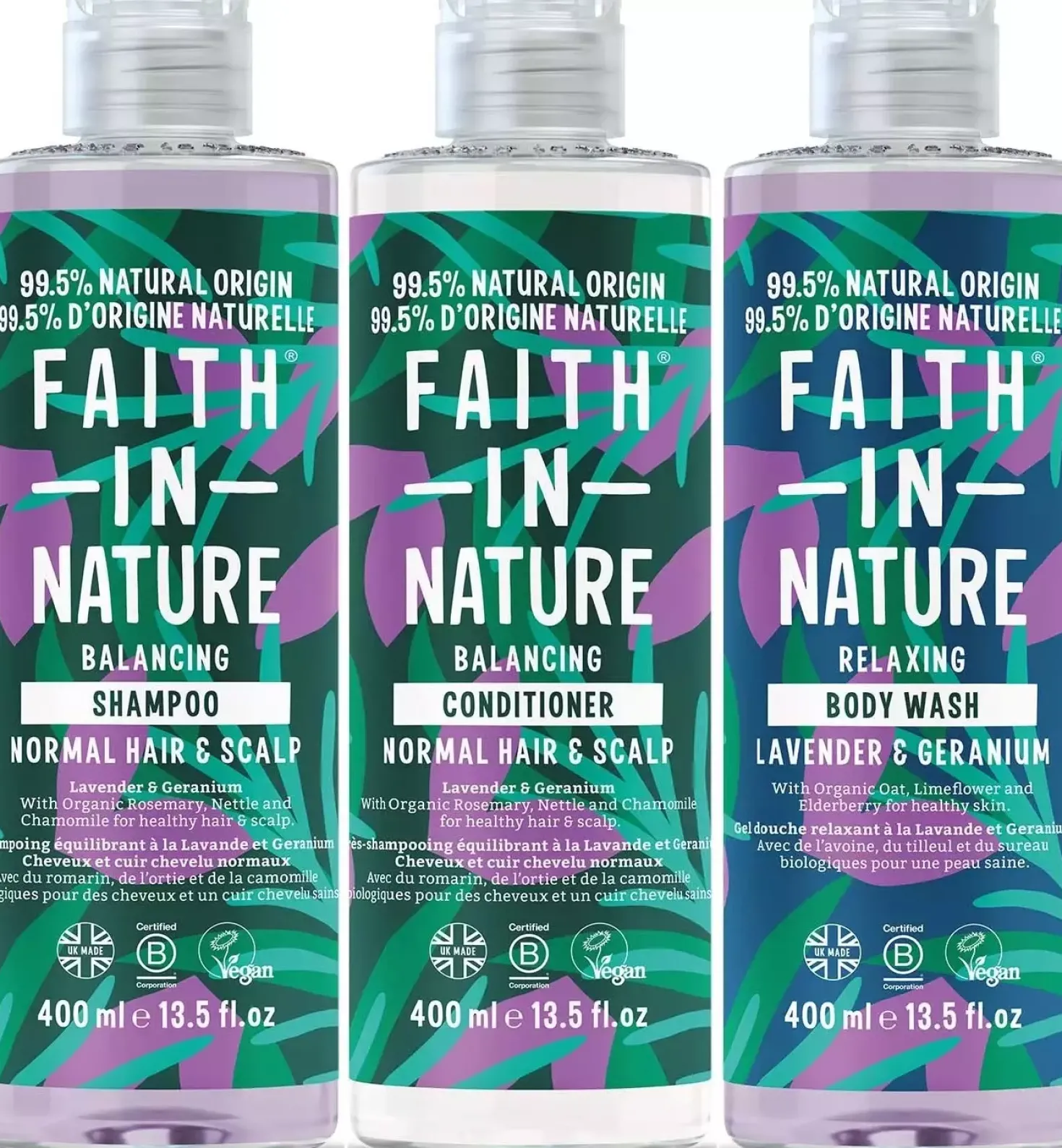 Faith In Nature Bundle Lavender & Geranium Shampoo 400 ml & Conditioner 400 ml & Body Wash 400 ml