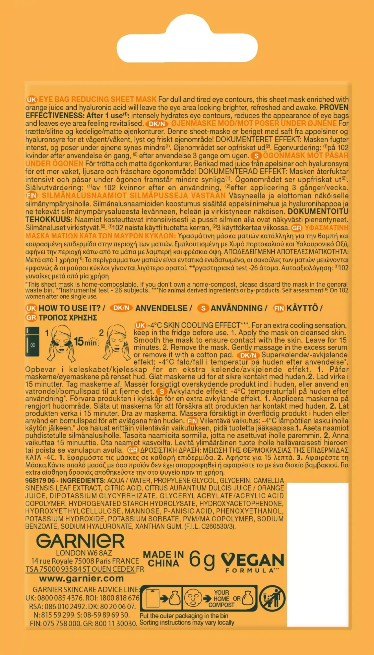 GarnierSkinActive Vitamin C* Brightening & Glow Boosting Eye Sheet Mask for Dark, Dull Undereyes 5 g
