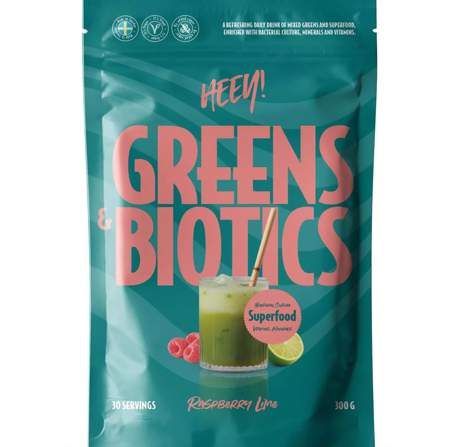 Heey! Greens & Biotics Superfood + Probiotics Raspberry Lime 300 g