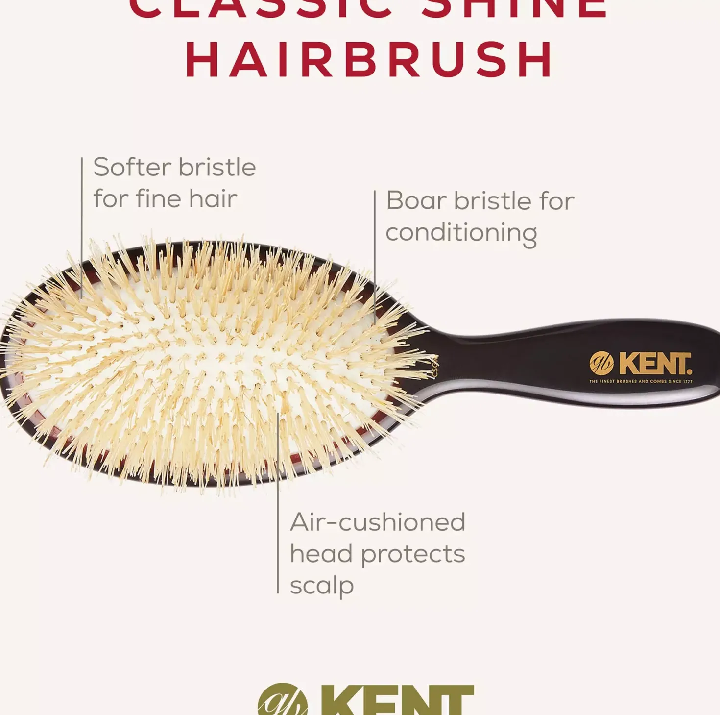Kent Brushes Classic Shine Medium Soft White Pure Bristle Hairbrush