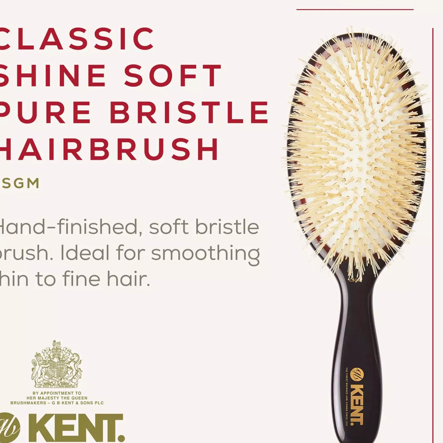 Kent Brushes Classic Shine Medium Soft White Pure Bristle Hairbrush