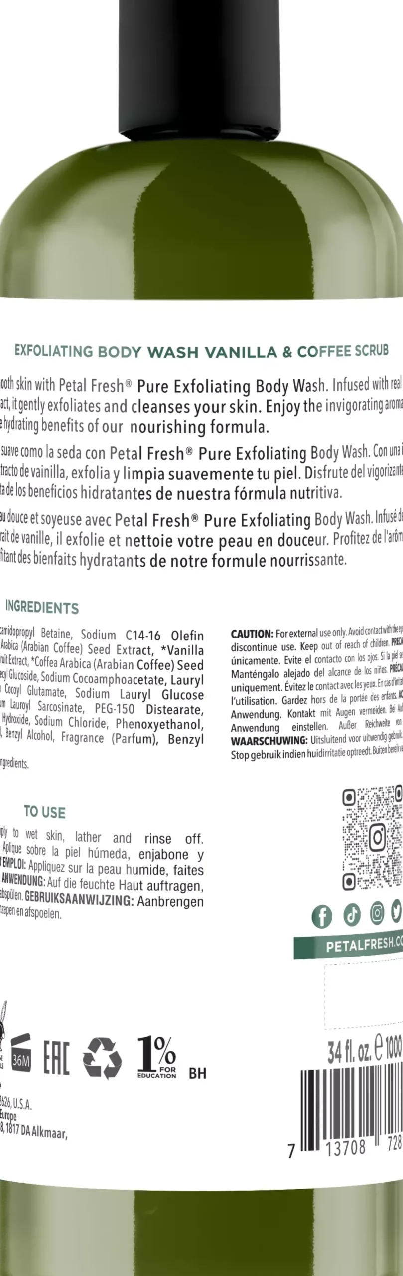 Petal FreshPure Vanilla & Coffee Scrub Exfoliating Body Wash 1000 ml