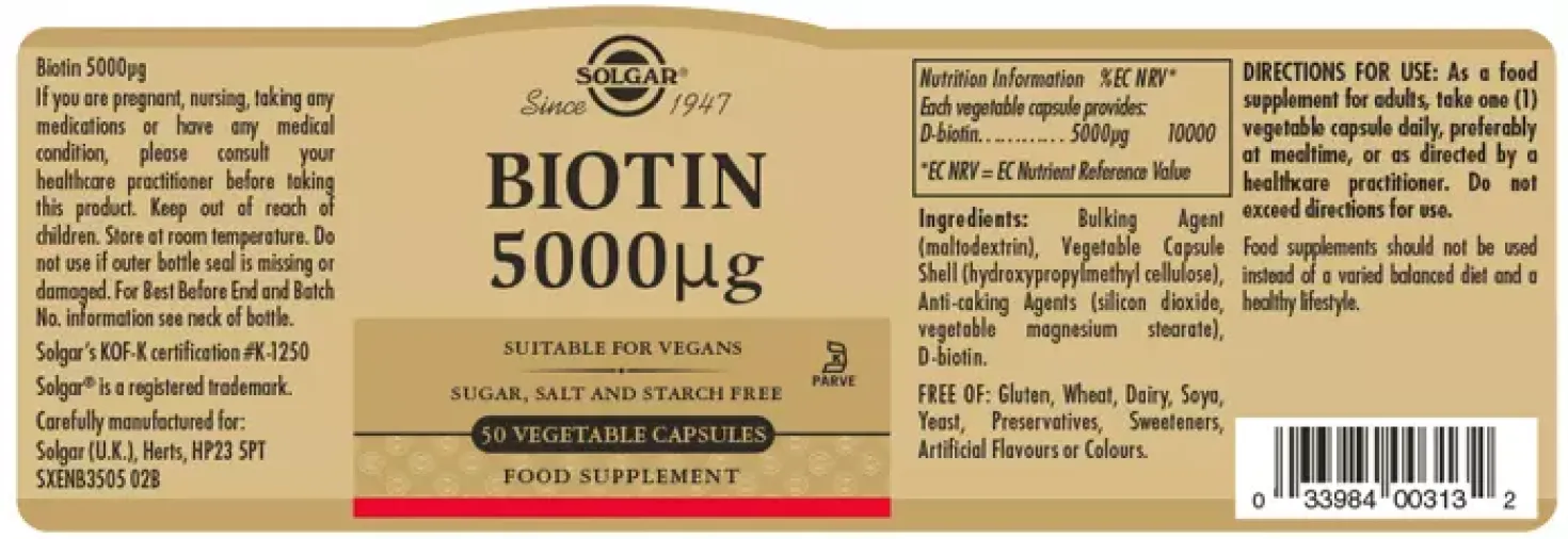 Solgar Biotin 5000 μg Vegetable Capsules 100 stk