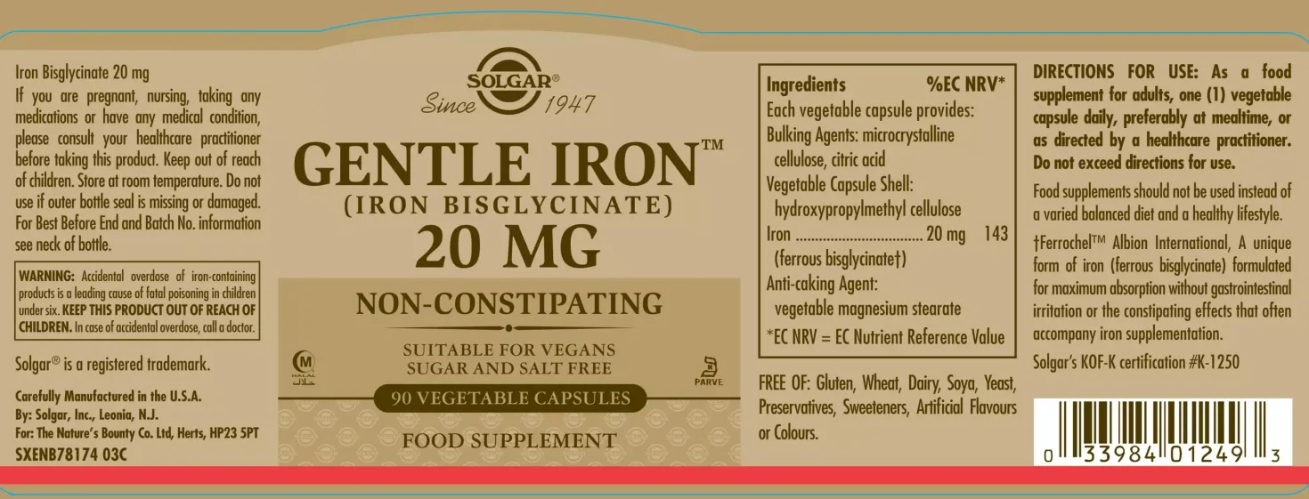 Solgar Gentle Iron (Iron Bisglycinate) 20 mg Vegetable Capsules 90 stk
