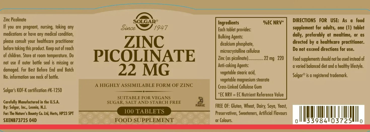 Solgar Zinc Picolinate 22 mg Tablets 100 stk